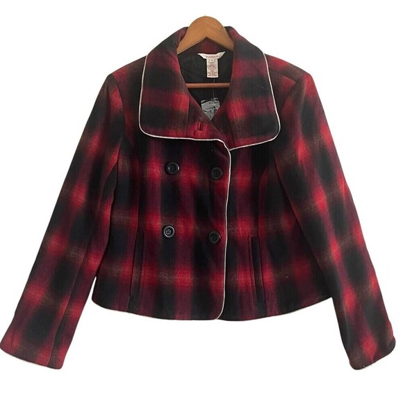 NWT Sundance Wool Plaid Country Jacket Sz 10 Red Academia Peacoat Crop - Picture 1 of 11